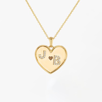 Engraved Diamond Double Letters Heart Necklace