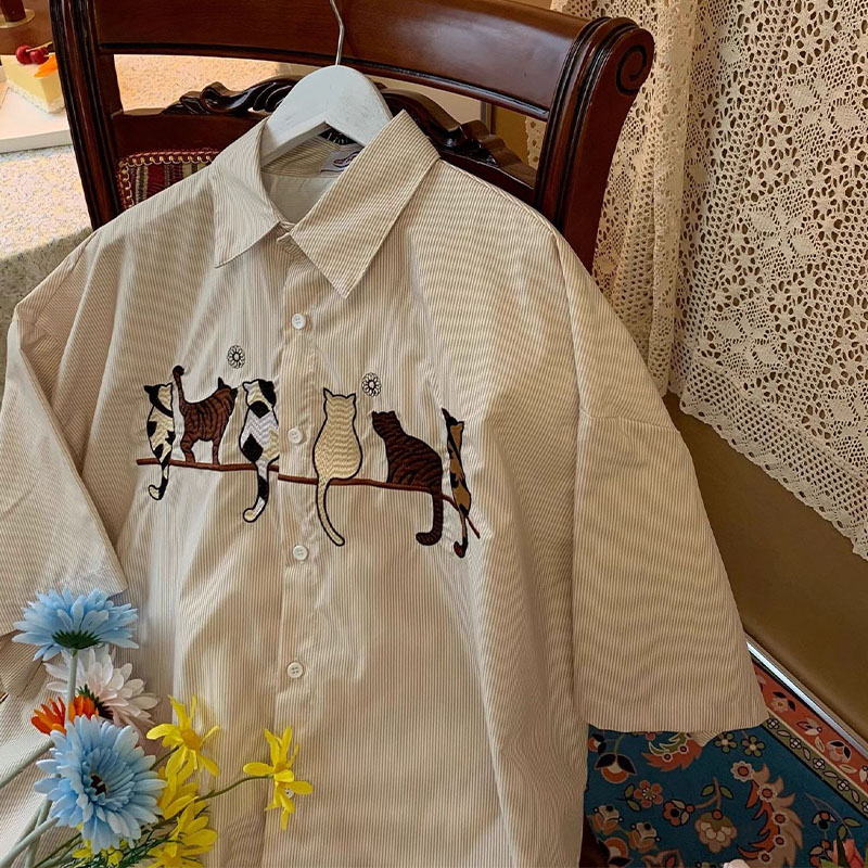 Cat Embroidered Vintage Short Sleeve Shirt