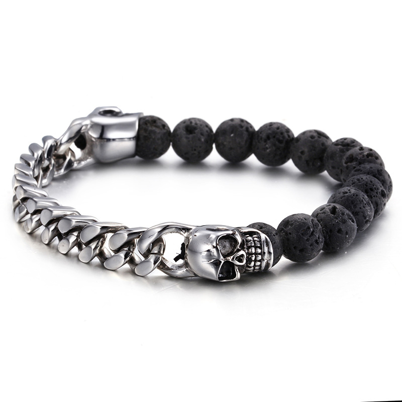 Half Spiritual Stones and Half Steel Cuban Chain Skull Bracelet in White Gold