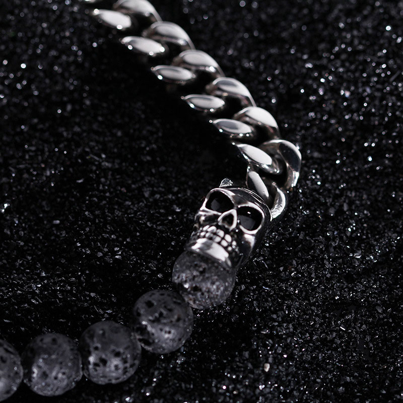 Half Spiritual Stones and Half Steel Cuban Chain Skull Bracelet in White Gold