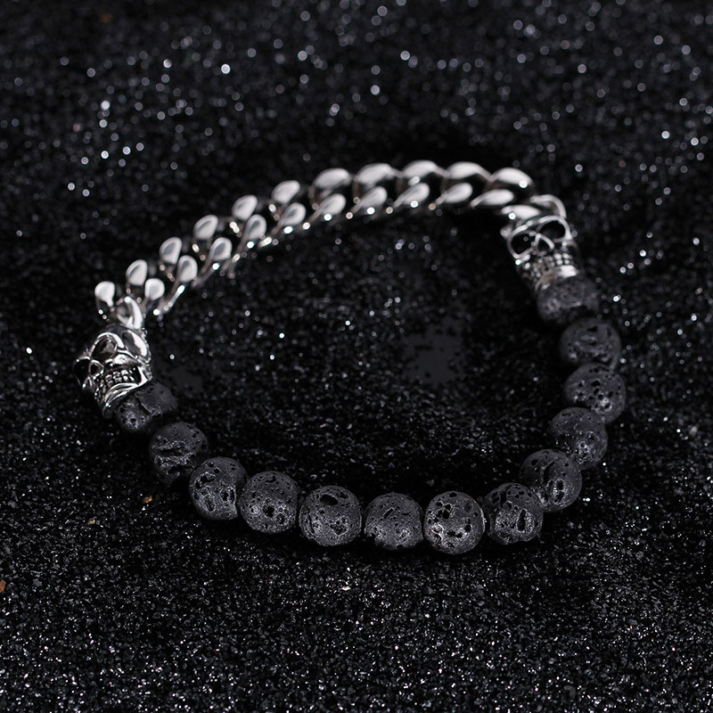 Half Spiritual Stones and Half Steel Cuban Chain Skull Bracelet in White Gold