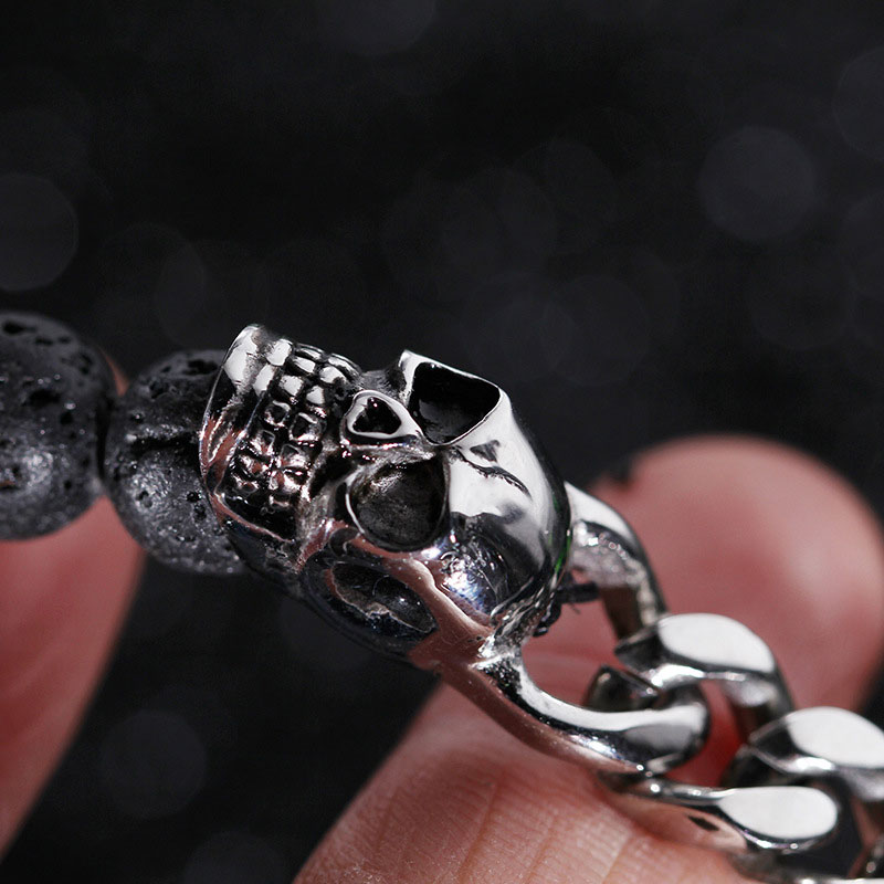 Half Spiritual Stones and Half Steel Cuban Chain Skull Bracelet in White Gold