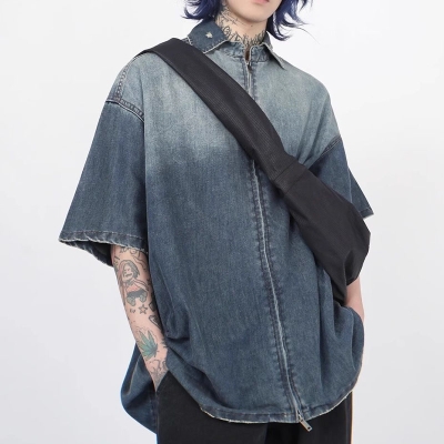 American Gradient Washed and Aged Denim Short Sleeve Shirt