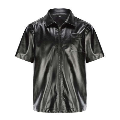 PU Leather Zipper Casual Short Sleeve Lapel Shirt