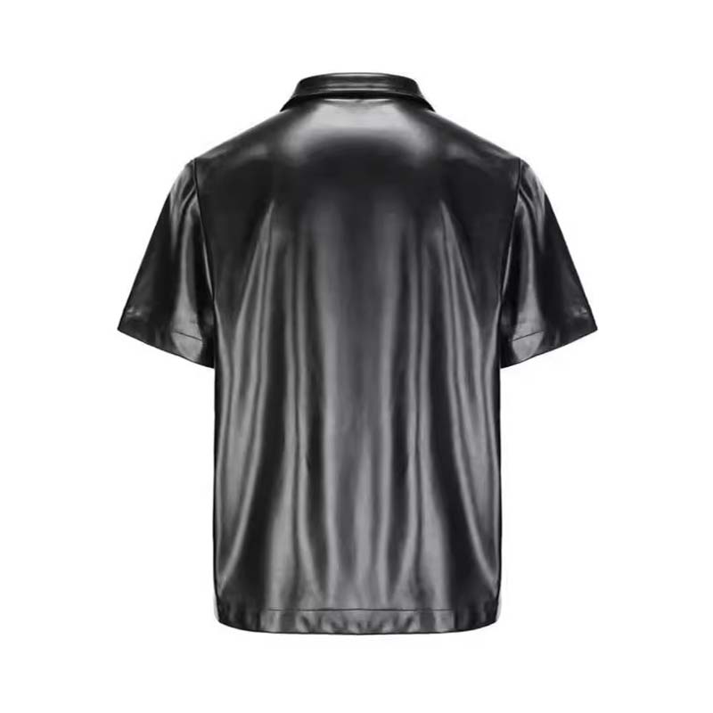 PU Leather Zipper Casual Short Sleeve Lapel Shirt