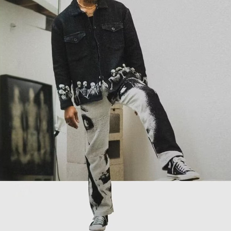 Hiphop Black Tie-Dye Portrait Print Casual Pants