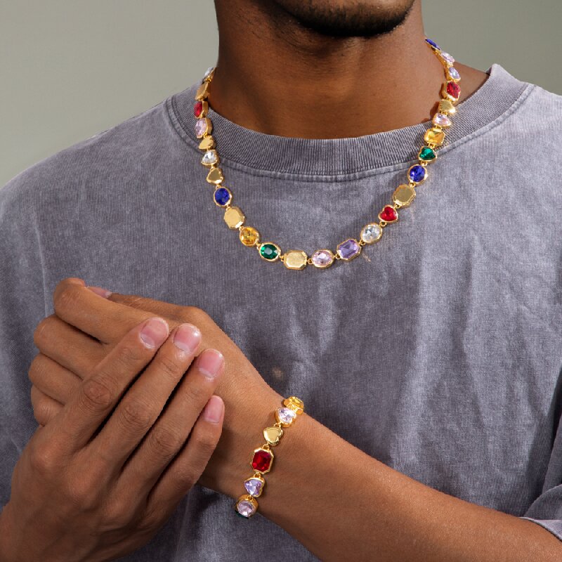 10mm Multi-color Diamonds Chain & Bracelet Set in Gold