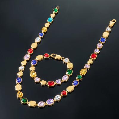 10mm Multi-color Diamonds Chain & Bracelet Set in Gold
