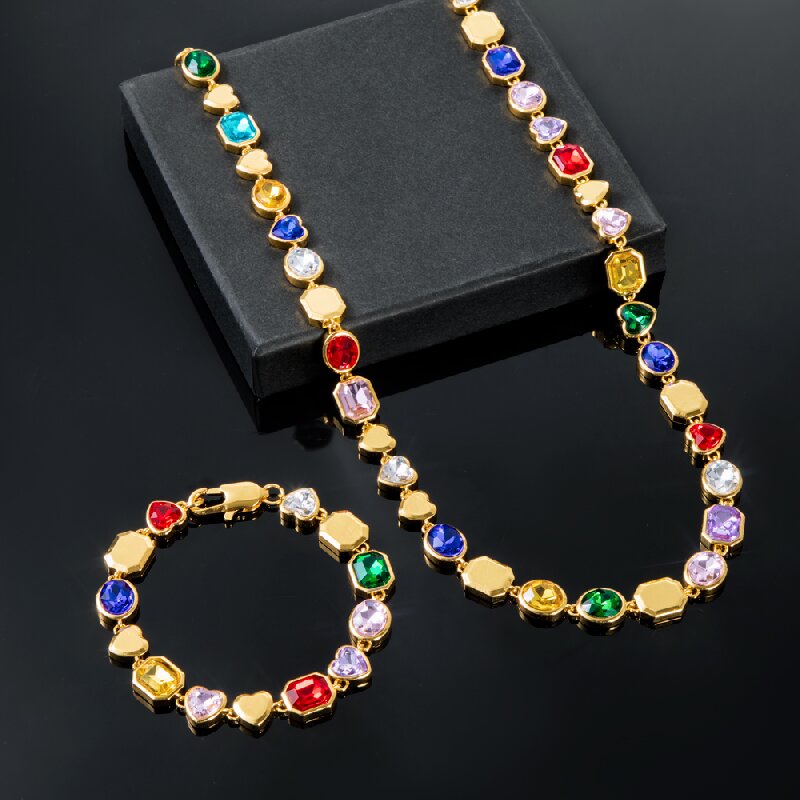 10mm Multi-color Diamonds Chain & Bracelet Set in Gold