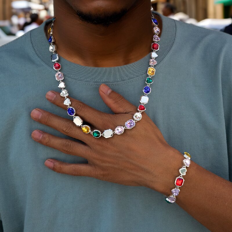 10mm Multi-color Diamonds Chain & Bracelet Set in White Gold