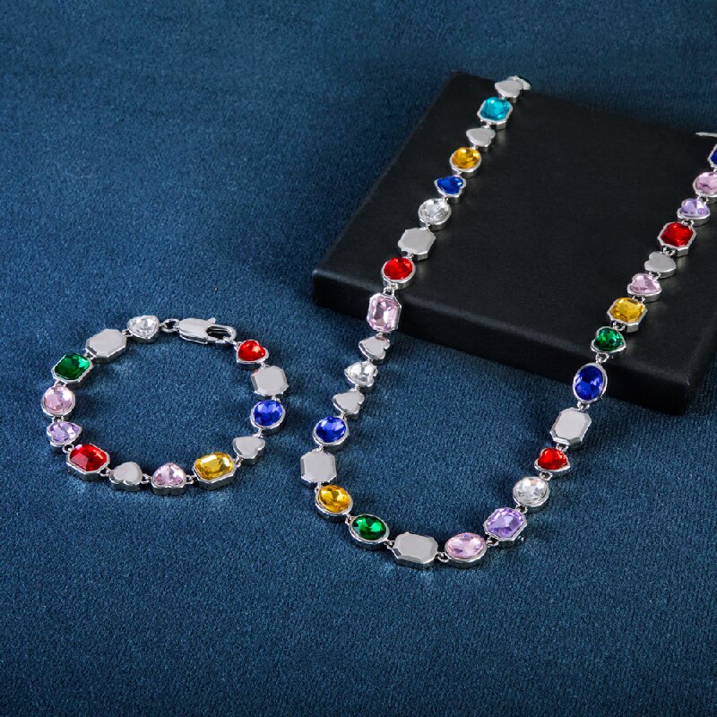 10mm Multi-color Diamonds Chain & Bracelet Set in White Gold