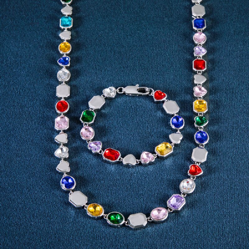 10mm Multi-color Diamonds Chain & Bracelet Set in White Gold