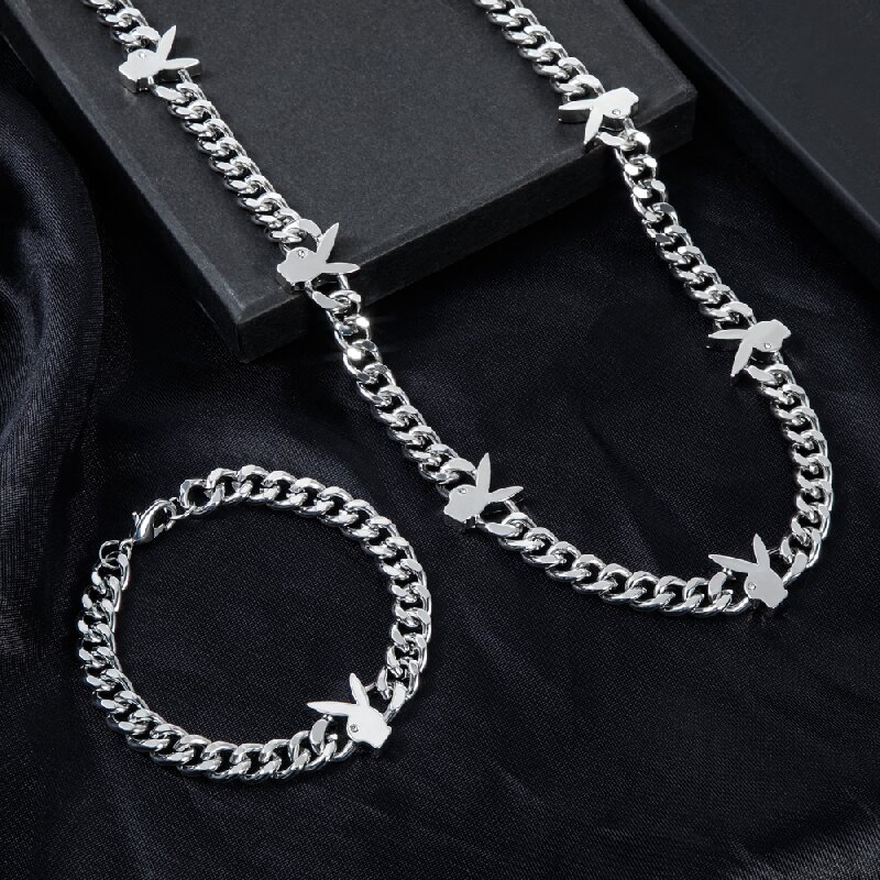 Helloice 8mm Bunny Heads Cuban Chain & Bracelet Set in White Gold