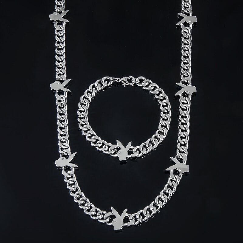 Helloice 8mm Bunny Heads Cuban Chain & Bracelet Set in White Gold