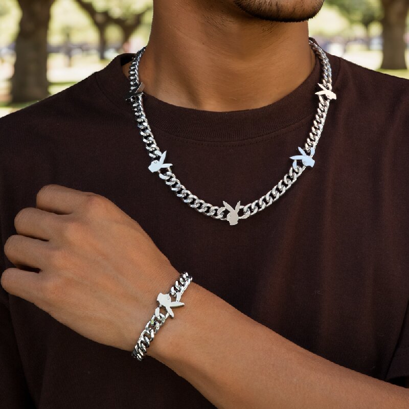 Helloice 8mm Bunny Heads Cuban Chain & Bracelet Set in White Gold