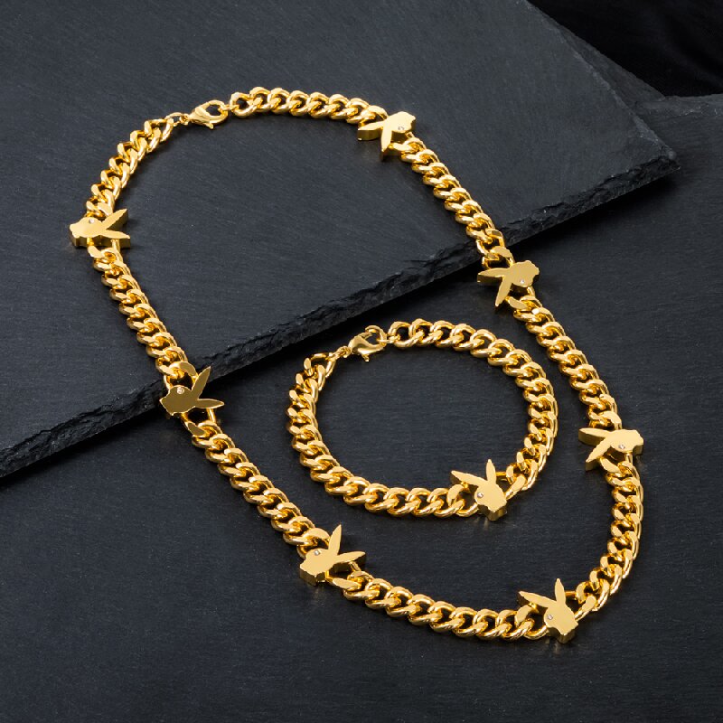 Helloice 8mm Bunny Heads Cuban Chain & Bracelet Set in Gold