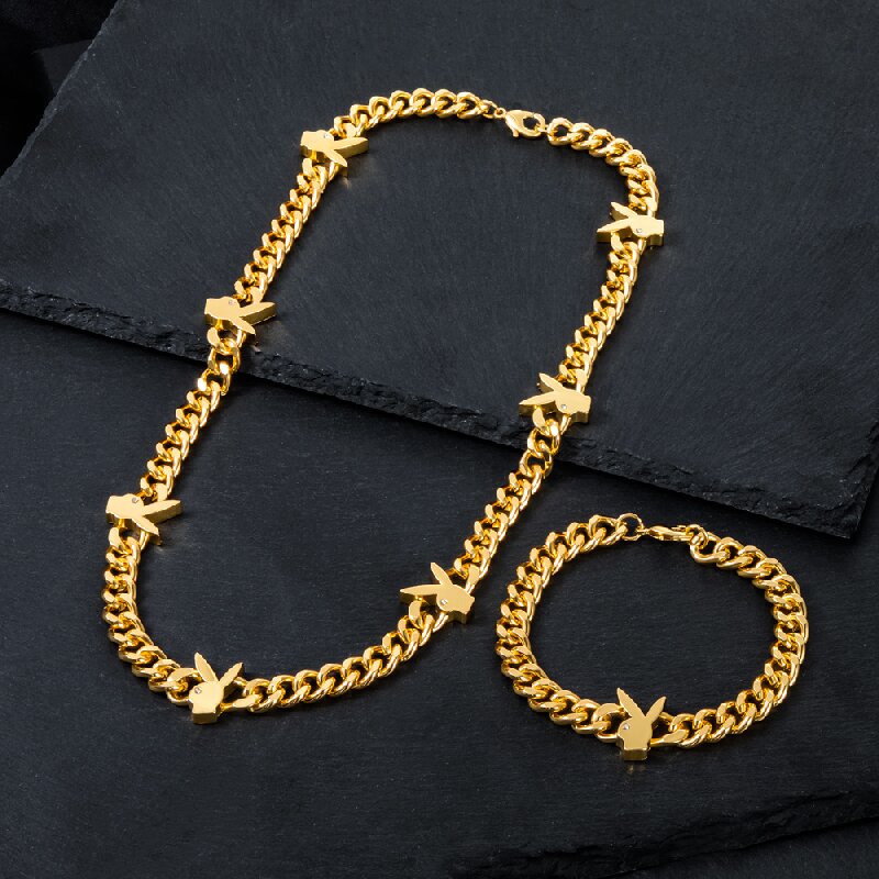 Helloice 8mm Bunny Heads Cuban Chain & Bracelet Set in Gold