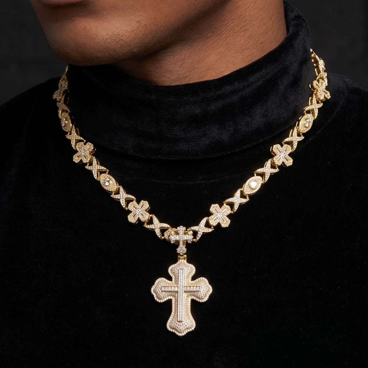 Iced Cross Eyes Chain & Cross Pendant Set Iced Cross Eyes Chain & Cross Pendant Set