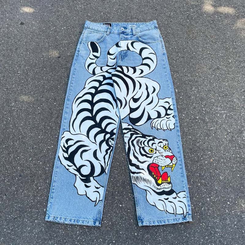 Gothic Street White Tiger Print Jeans