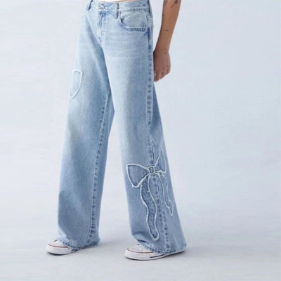 Hipster Embroidered Side Raw Butterfly Jeans