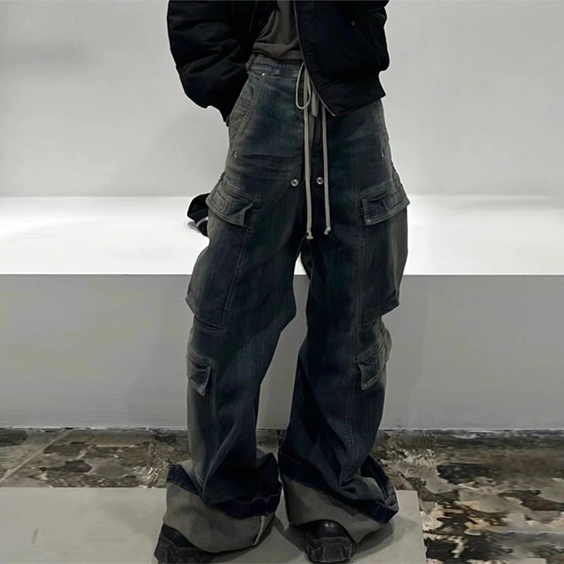 Washed And Distressed Multi-Pocket Work Jeans