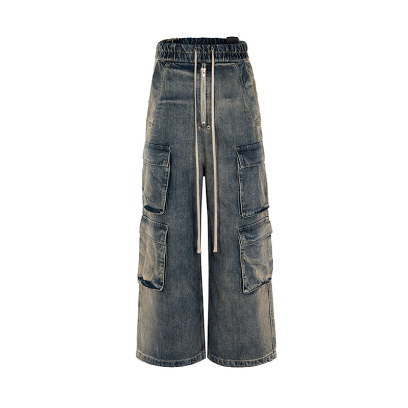 Washed And Distressed Multi-Pocket Work Jeans