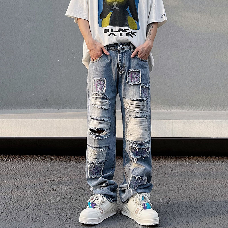 Hiphop Washed Ripped Patch Jeans