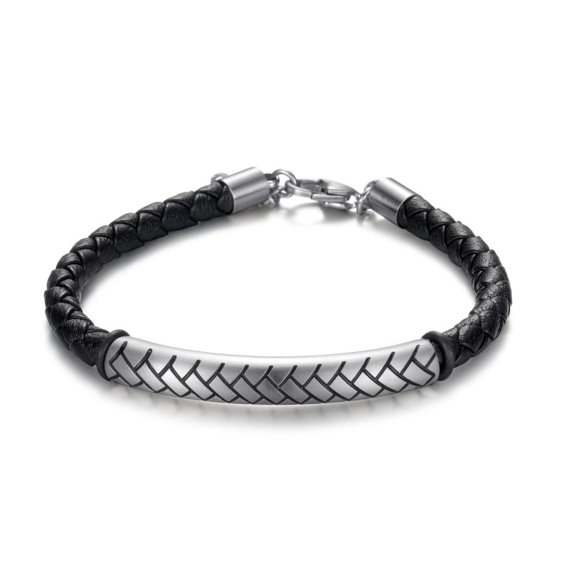 Stainless Steel Tube Black Leather Bracelet