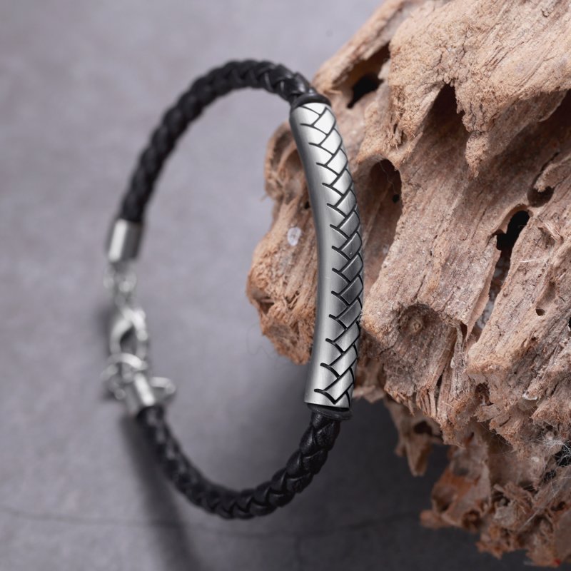 Stainless Steel Tube Black Leather Bracelet