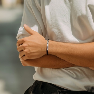 Stainless Steel Tube Black Leather Bracelet