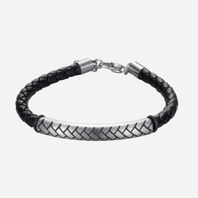 Stainless Steel Tube Black Leather Bracelet