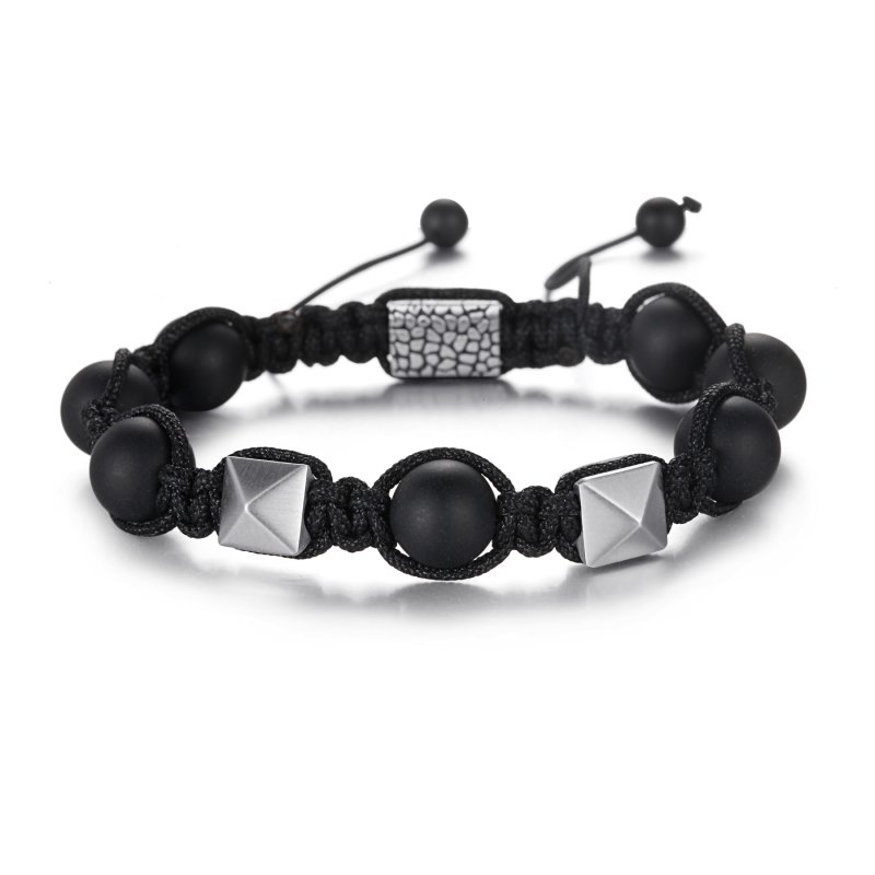 Stainless Steel Pyramid Black Onyx Beads Bracelet