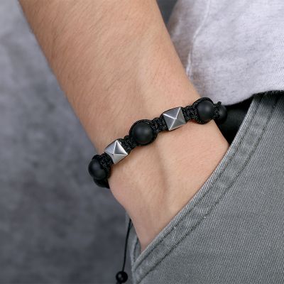 Stainless Steel Pyramid Black Onyx Beads Bracelet