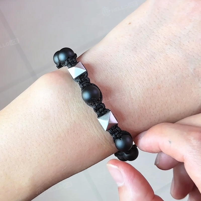 Stainless Steel Pyramid Black Onyx Beads Bracelet