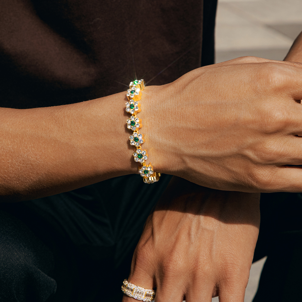 Iced 10mm Green Stone Flower Bracelet