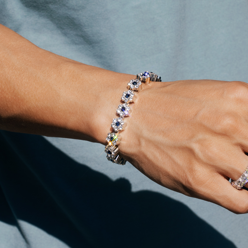 Iced 10mm Dark Blue Stone Flower Bracelet