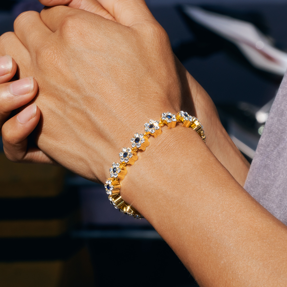 Iced 10mm Dark Blue Stone Flower Bracelet