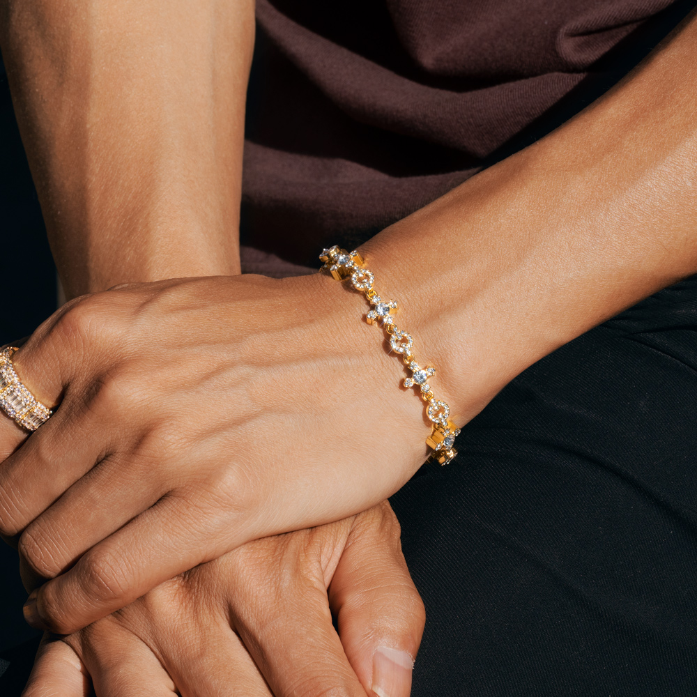 Iced Circle and Cross Bracelet in Gold