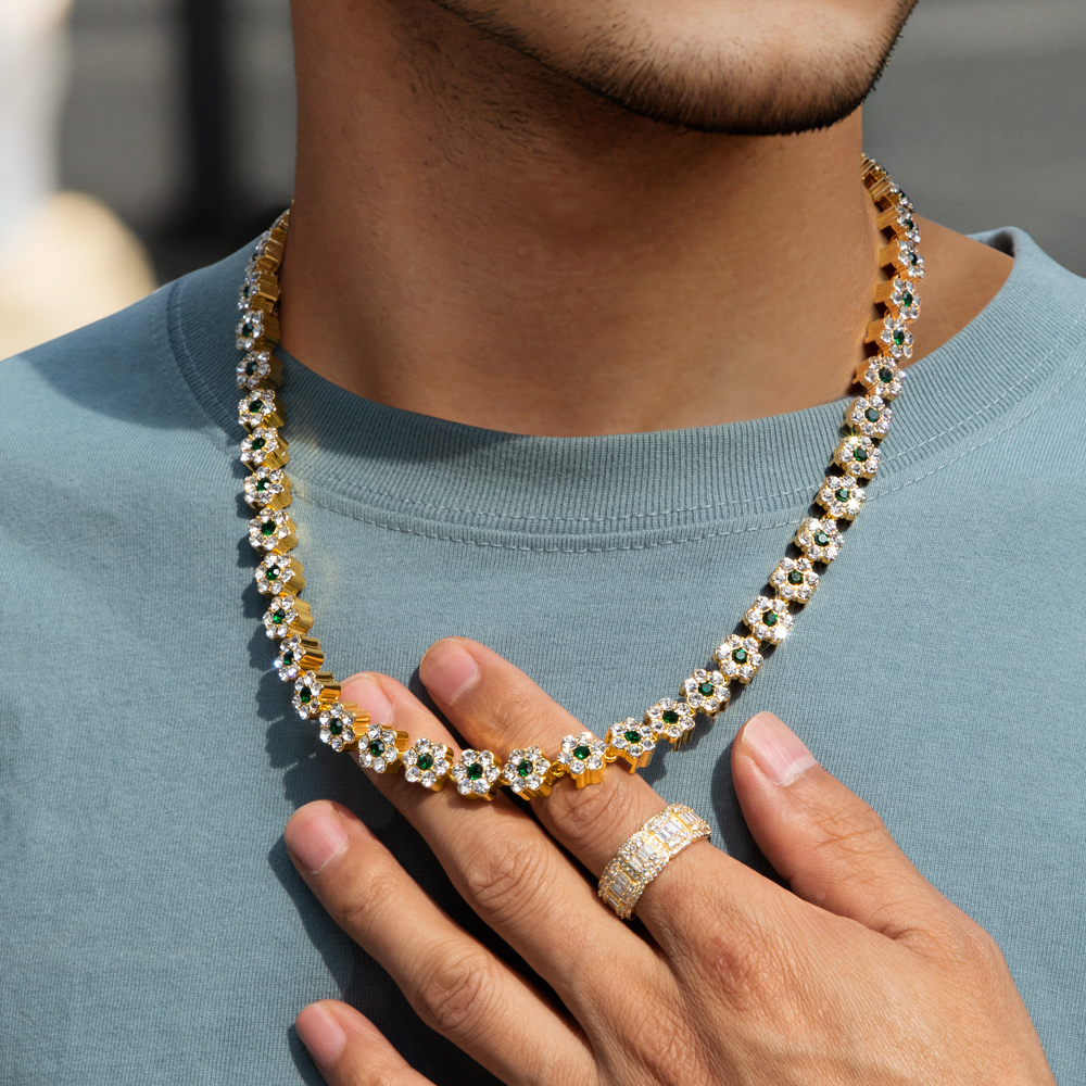 Iced 10mm Green Stone Flower Link Chain