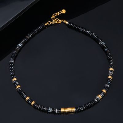 Oblate Round Black Onyx Stone Beads Necklace