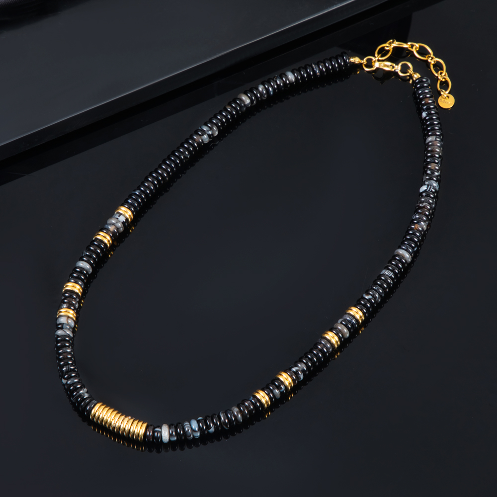 Oblate Round Black Onyx Stone Beads Necklace