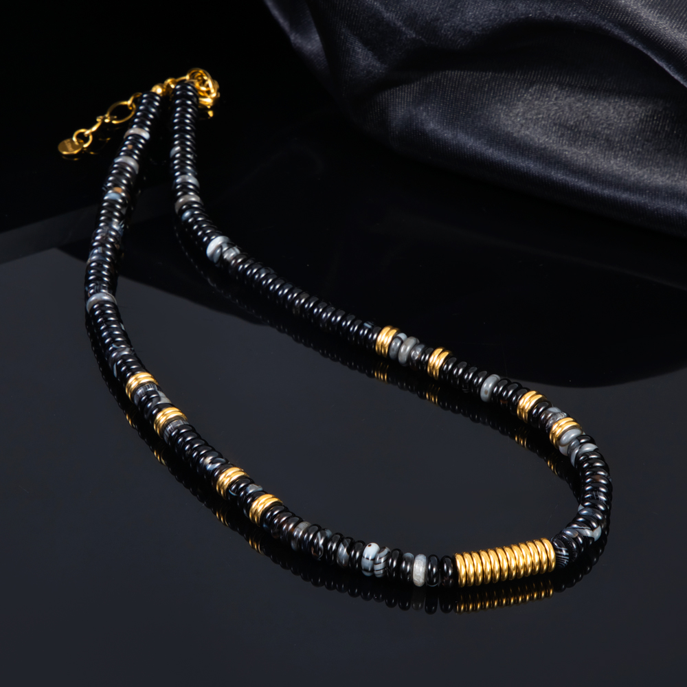 Oblate Round Black Onyx Stone Beads Necklace