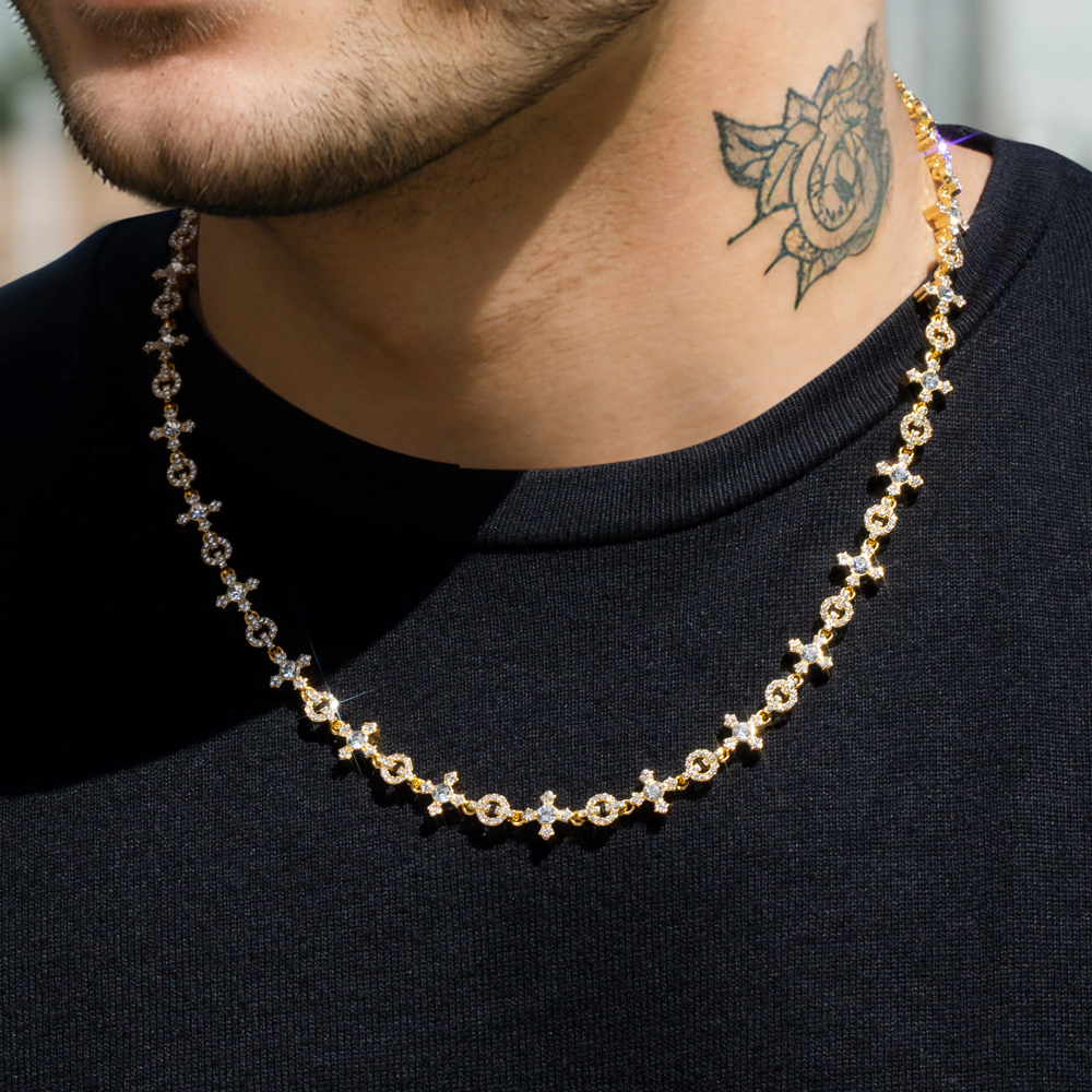 Micro Pave Cross Link Chain in Gold