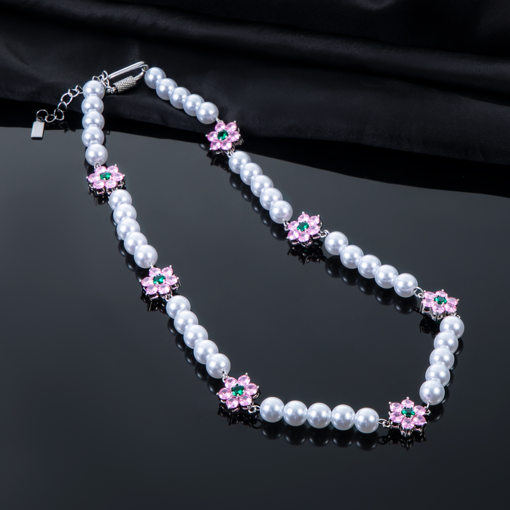 8mm Pink Flower Pearl Necklace