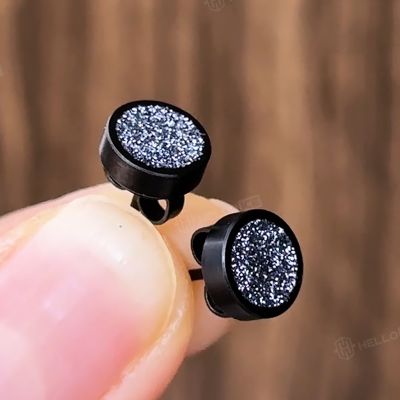 Round Bling Black Stardust Stud Earrings in 18k Black Gold