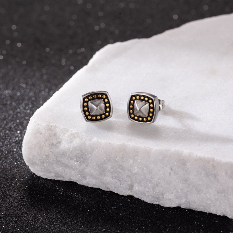 Golden Dots Pyramid Stud Earrings in White Gold