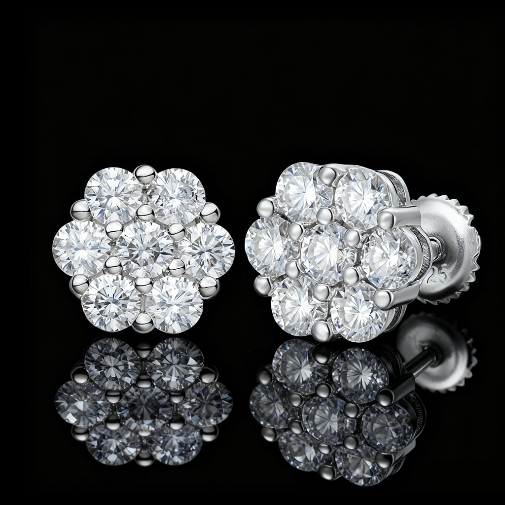S925 Sterling Silver Moissanite Iced Out Studs Cluster Flower Earrings S925 Sterling Silver Moissanite Iced Out Studs Cluster Flower Earrings