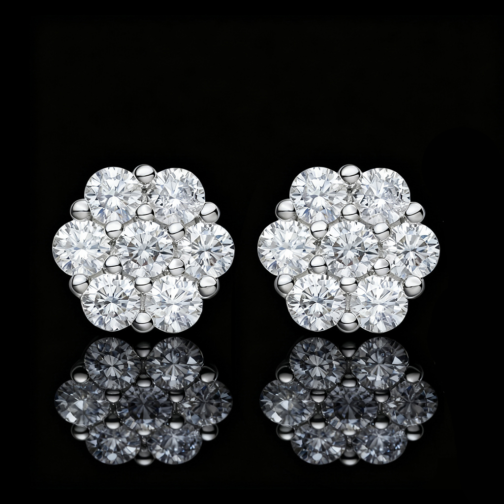 S925 Sterling Silver Moissanite Iced Out Studs Cluster Flower Earrings S925 Sterling Silver Moissanite Iced Out Studs Cluster Flower Earrings