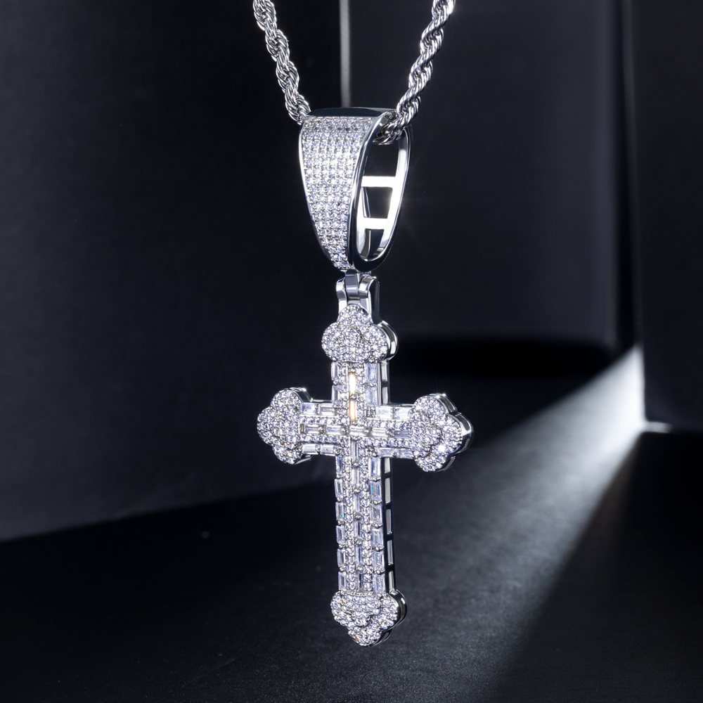 Micro Paved Baguette Cross Pendant in White Gold