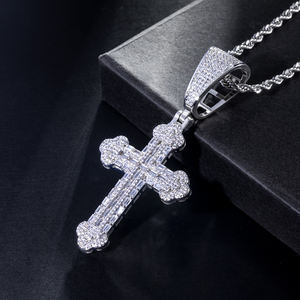 Micro Paved Baguette Cross Pendant in White Gold